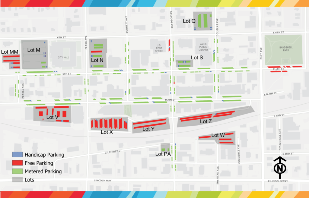 A map of available parking in Downtown Ames